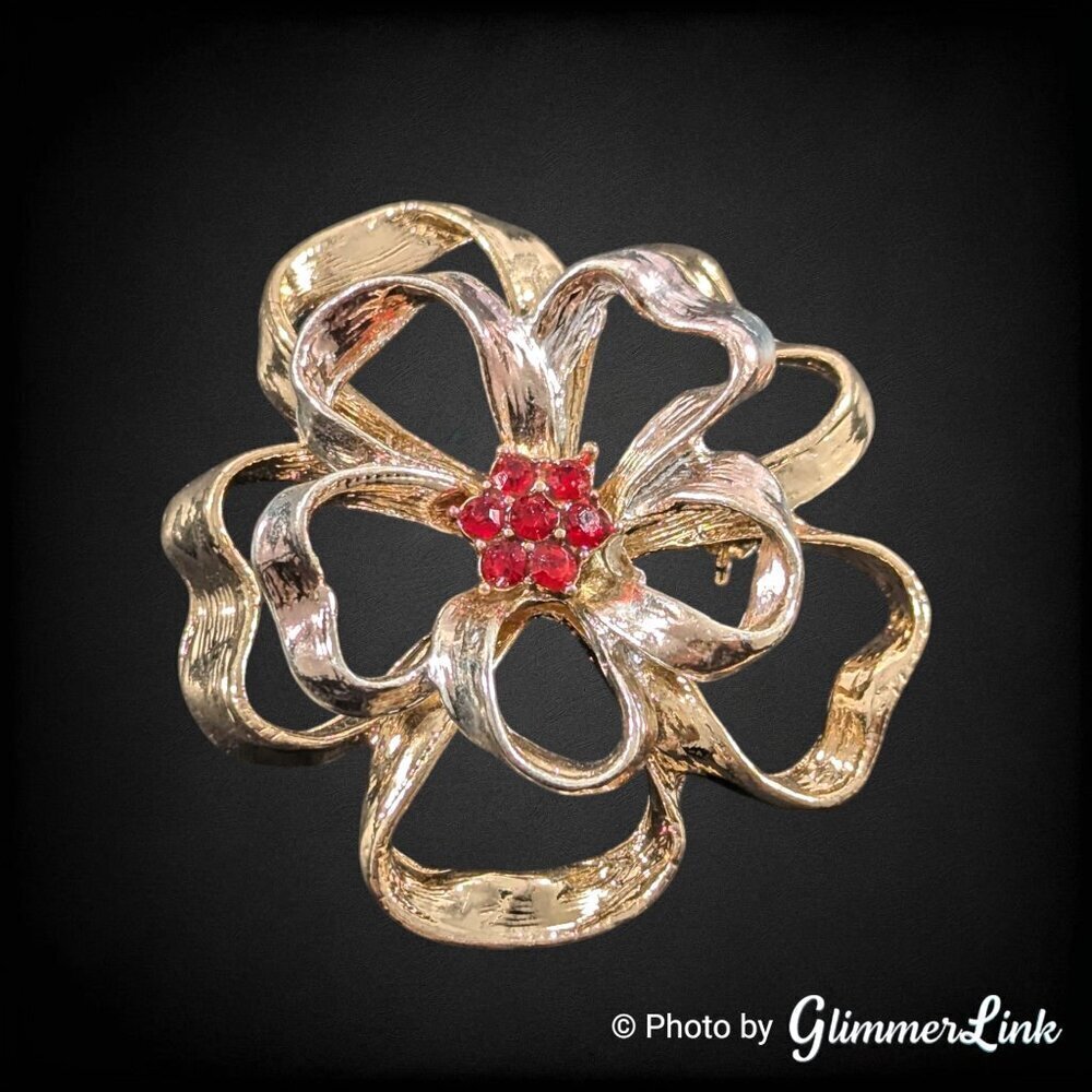 Two-Tone Festive Ribbon Flower Brooch – Red Rhinestones